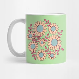 Retro 70s daisy flowers botanical design in green, pink and blue Mug